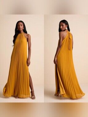 Lulus Exceptionally Elegant Marigold Pleated Chiffon Maxi Dress S Wedding Party